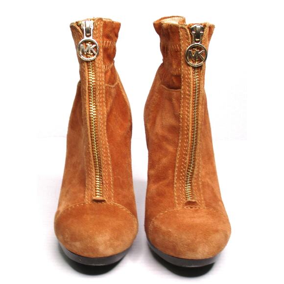 MICHAEL KORS Tan Suede Leather High Heeled Front Zip Ankle Boots Women 7 - Picture 2 of 12